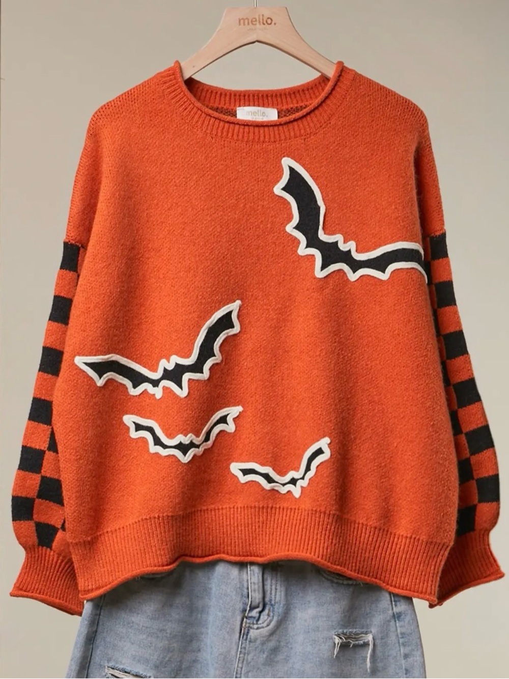Mello Orange Black Checkerboard Bat Halloween Oversized Crewneck Sweater Cozy